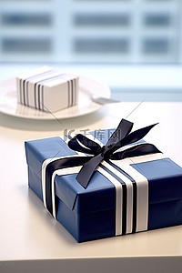 礼物背景图片_白色条纹桌上带礼品盒的生日贺卡