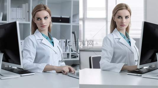 健康艺术字背景图片_坐在办公桌前的女医生用自信的 3D 合成图像描绘