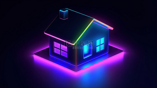 发光的房子图标 3D 渲染的 ui ux 界面元素霓虹灯平面风格