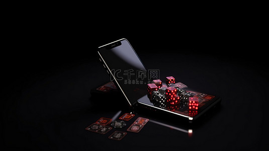 黑色背景下在线赌场赌博与手机屏幕可用空间的 3D 渲染