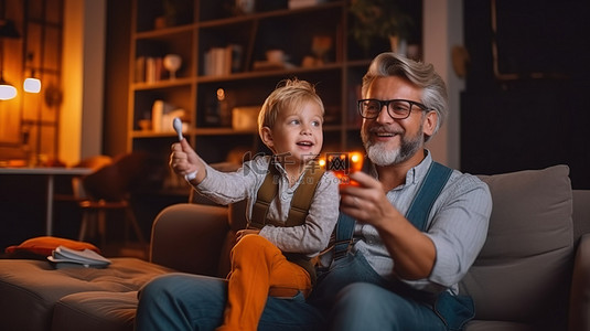 快乐的父亲和他可爱的儿子一起看电视，戴着 3D 眼镜和爆米花，同时看起来有点困惑