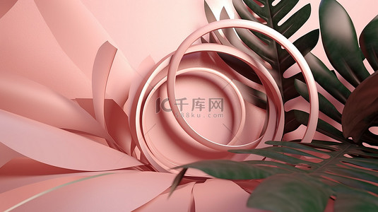 柔和的粉红色几何景观 3D 渲染环和圆圈与热带叶影