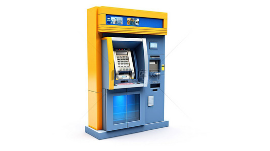 白色背景下集成到银行基础设施中的 ATM 机的 3D 渲染