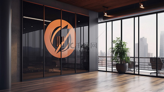 企业企业墙背景图片_带有 3D 渲染抽象徽标样机的玻璃办公室墙