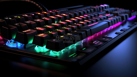 游戏海报背景图片_使用黑色背景上的计算机键盘对流媒体设备和玩家工作区概念进行 3D 渲染