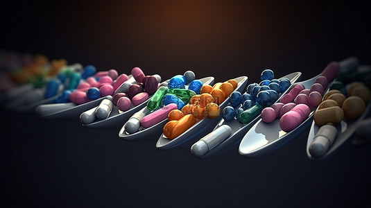 勺子插图背景图片_含有多种药物胶囊和片剂的勺子的三维渲染