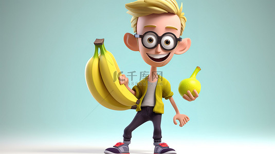 一个顽皮的 3D 卡通青少年高兴地拿着香蕉摆姿势