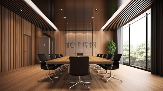 想象中的商务会议场地，拥有令人惊叹的 3D 渲染木地板