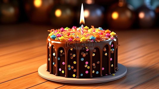 3D 渲染的生日蛋糕，装饰着装饰品和蜡烛
