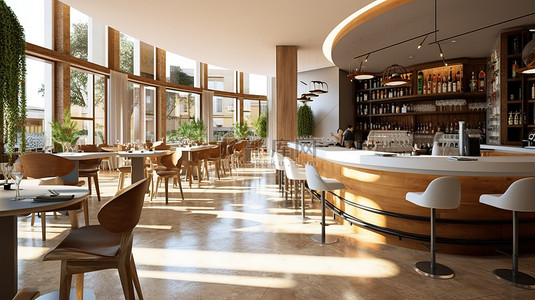 用餐背景图片_酒店大堂酒吧的现代 3D 渲染，配有现代桌椅