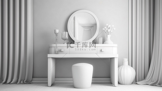 美甲工具背景图片_装饰艺术风格的卧室，配有白色梳妆台和 3D 渲染的镜子