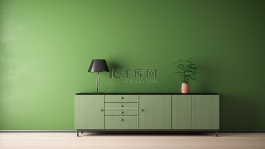 现代橱柜展示在宽敞的房间里，采用绿色墙壁设计和花岗岩地板 3d 概念