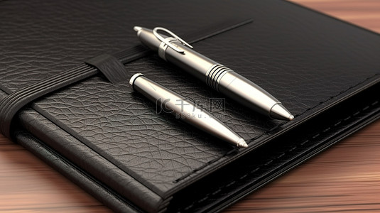 关闭个人日记或组织书的 3D 渲染，用钢笔放在木桌上，上面覆盖着光滑的黑色皮革