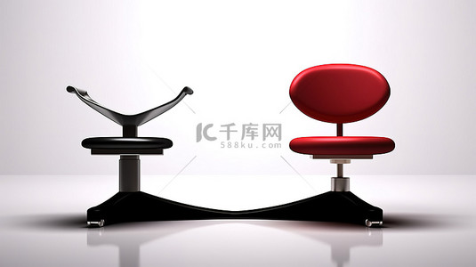 红色和黑色皮革老板办公椅的 3D 渲染，在干净的白色背景下放置在称重秤上