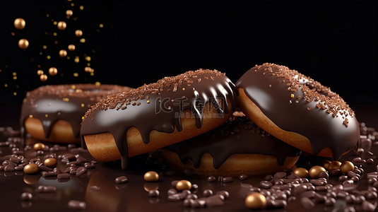 巧克力甜甜圈与糖霜和洒在 3d 渲染