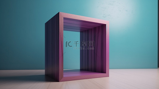 在浅色墙壁背景上以 3d 呈现的极简主义蓝色和紫色木制立方体