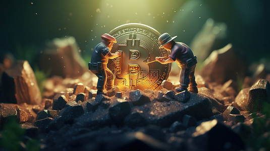 男性矿工挥舞镐在岩石地形 3D 渲染概念上挖掘数字硬币