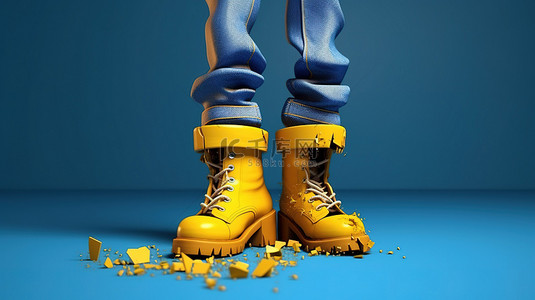 穿着蓝色破洞牛仔裤和黄色靴子的卡通男人的 3d 插图