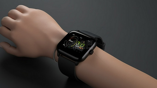 时尚黑色智能手表的模型，具有现代设计，并在白色背景 3D 渲染下关闭卡通手上的表带