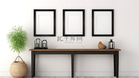 挂墙相框背景图片_乡村风格门厅质朴控制台桌由白色墙框样机双黑色方形相框 3D 渲染