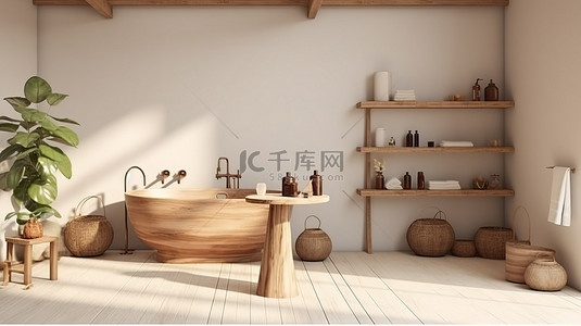 波西米亚风格木制家具突出了农舍风格的浴室内饰，配有化妆品展示 3D 渲染