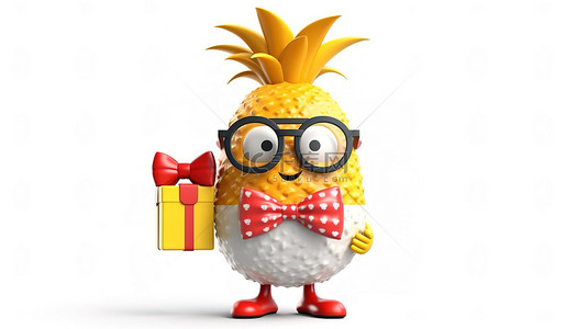 欢快的时髦菠萝卡通人物吉祥物，带有礼盒和白色背景上的红丝带，3d 创建