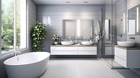 现代浴室的 3D 渲染，配有淋浴和浴缸，采用醒目的白色和灰色配色方案
