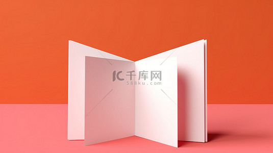 空白的白色小册子纸以模型风格折叠，以粉红色和橙色背景为背景，为您的设计 3D 渲染提供充足的可用空间