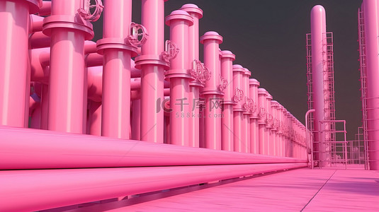 充满活力的 3D 渲染钢制天然气管道，配有粉红色阀门，配有气瓶和呈上升趋势的粉红色天然气价格图