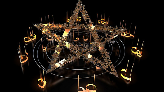 闪烁的音符装饰着 3D 渲染的五角星