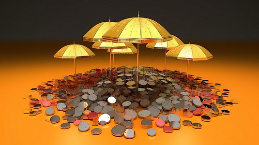 多边形马币硬币在孤立的伞下沐浴加密财富的 3D 渲染
