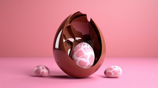 復活節背景图片_粉色填充物从减半的巧克力复活节彩蛋中流出 3D 渲染节日背景，用于复活节问候可定制的文本空间