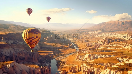 惊叹于土耳其卡帕多西亚雄伟的山脉，巨大的气球在迷人的 3D 插图上方翱翔