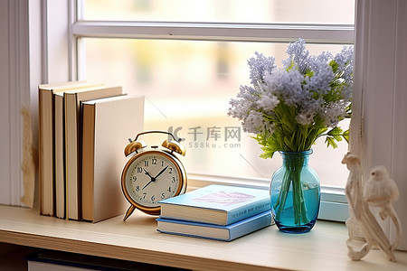 窗台上的书，后面有一个时钟