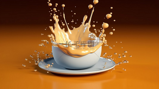 拿铁咖啡滴在令人惊叹的 3D 可视化中产生涟漪