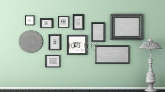 1 浅绿色石膏墙装饰背景与深灰色 bergeres 和相框的 3D 渲染