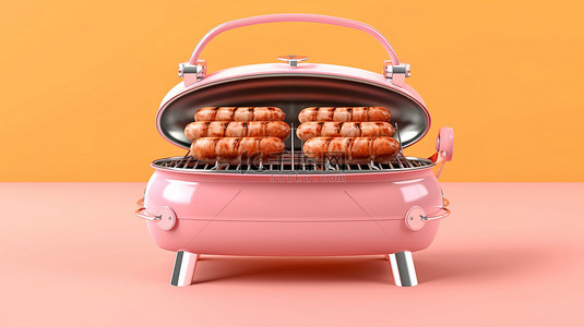 粉红色烤架上的铁板香肠 3D 插图和渲染
