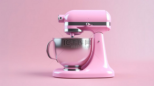 带有单色口音的扁平粉红色混合器，孤立镜头中小型厨房电器的 3d 渲染