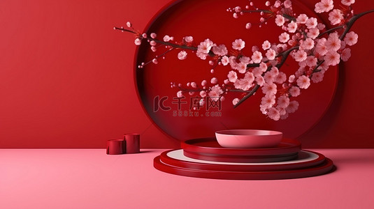 日本樱花背景图片_用于产品展示的樱花几何讲台和红盘的 3D 渲染