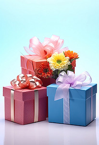 三个色彩缤纷的礼品盒，里面装有一束鲜花