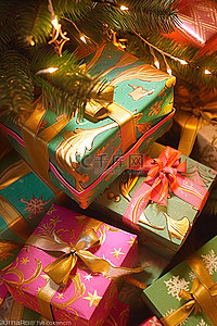 圣诞树下有几个绿色和黄色的礼品袋
