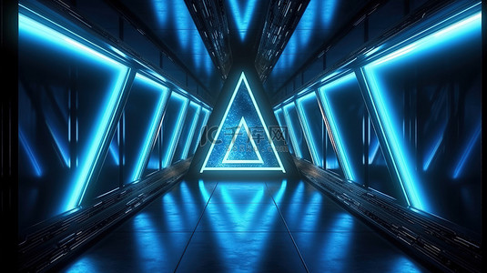 使用激光隧道技术的霓虹灯三角走廊门的 3D 插图