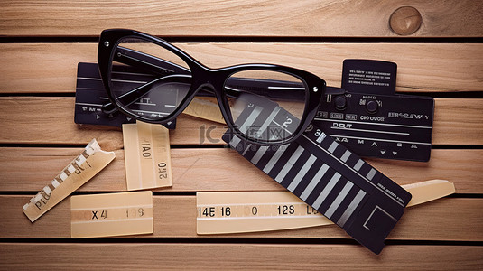 电影胶带背景图片_木质背景的顶视图，配有电影拍板胶带和 3D 眼镜，庆祝电影行业和娱乐