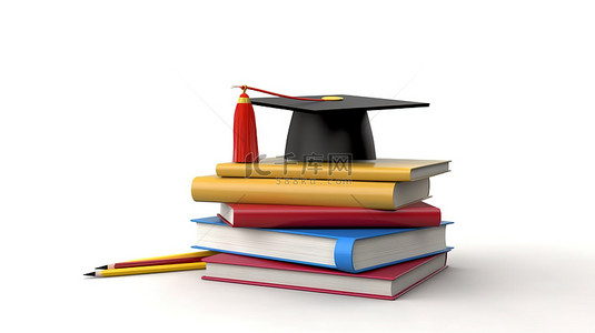 学校毕业背景图片_回到学校毕业帽和白色背景 3D 渲染的书籍