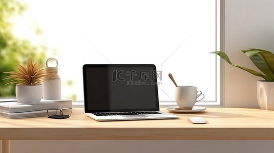 空白开放空间背景图片_3D 渲染的现代办公桌模型，配有空白屏幕笔记本电脑和白桌上的开放空间