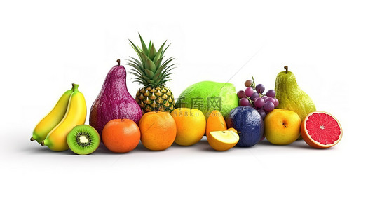 混合水果背景图片_3D 插图白色背景下充满活力的各种水果
