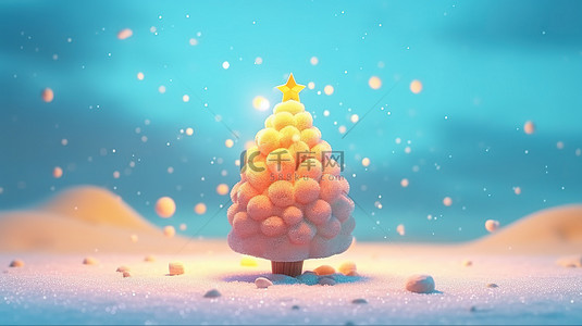 插画水彩背景图片_迷人的卡通圣诞树，在 3D 制作的晨光中洒满雪