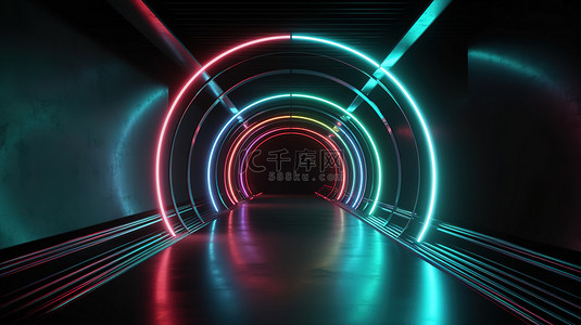 团队抽象背景图片_霓虹灯隧道大厅未来派 3D 渲染在抽象和黑暗的房间里