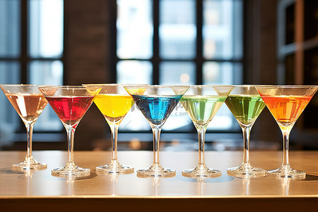 雞尾酒背景图片_托盘中盛放八种颜色的马提尼酒