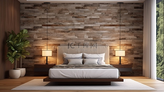 现代卧室的时尚 3D 渲染，配有木格子和砖图案墙壁装饰